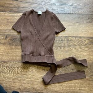 Aritzia Wilfred Brown Short Sleeve Waist Tie Blouse